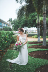 Outdoor, Bridal Wedding Portrait in Ivory, Beaded Wedding Dress and Green and Pink Floral Wedding Bouquet