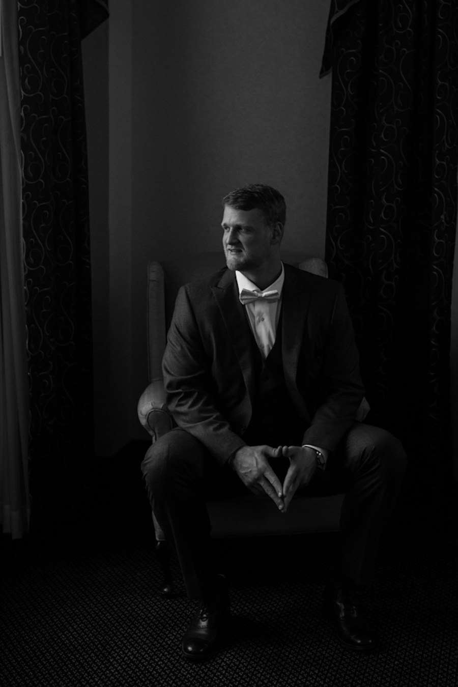 Indoor Groom Black and White Wedding Portrait | Cleveland Browns Football Player Charley Hughlett Wedding