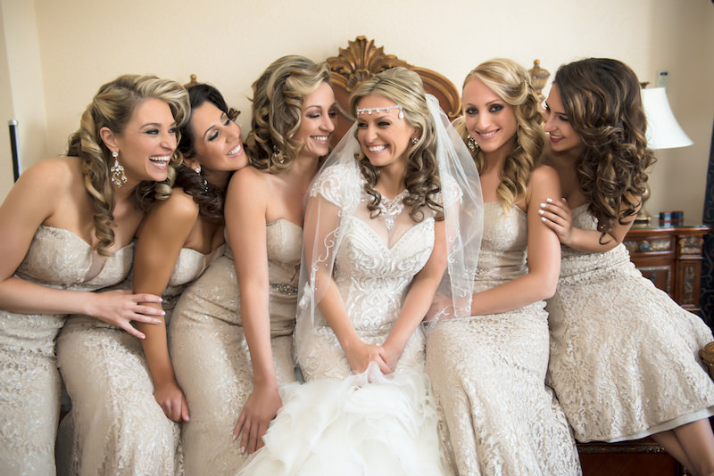 Bride and Bridesmaids on Wedding Day | Tan Lace Bridesmaids Dresses