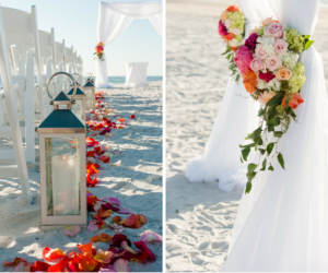 St, Pete Beach Wedding Ceremony with Pink, Orange, and Ivory Floral Arrangements and Silver Lantern at St. Pete Wedding Venue Loews Don CeSar
