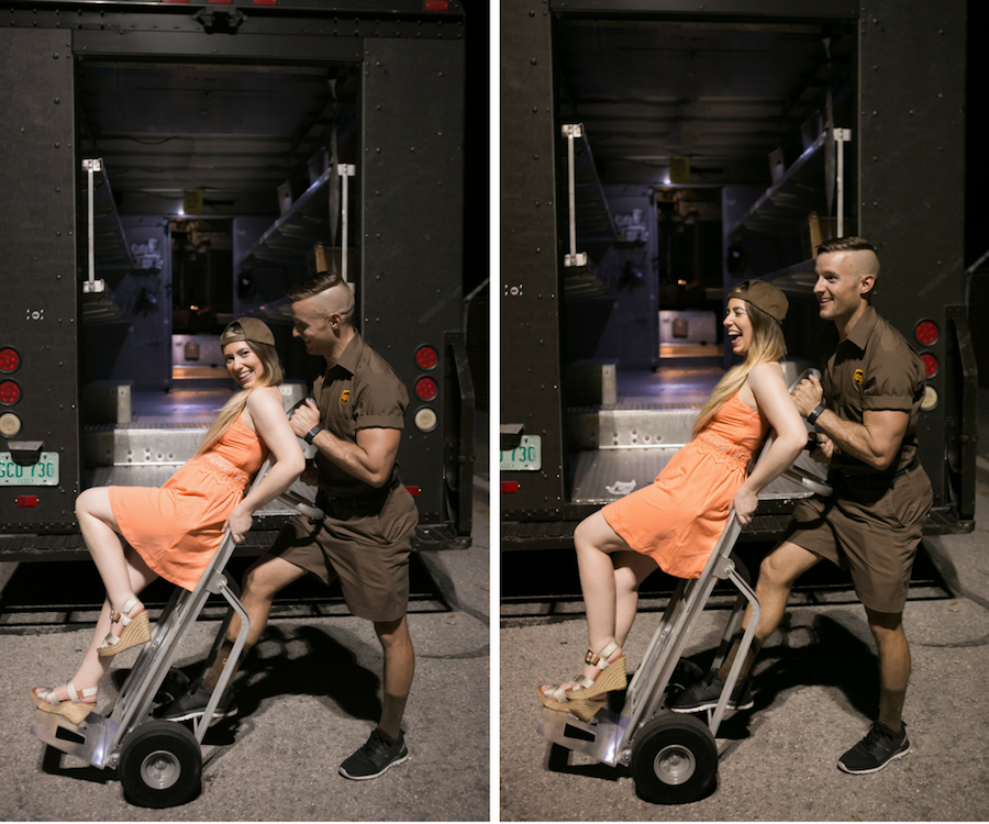 Playful Engagement Portrait in Front of UPS Truck on Dolly | UPS Engagement Session | Unique Engagement Session Ideas | UPS Bride and Groom | Tampa Fl Wedding Photographer Carrie Wildes Photography