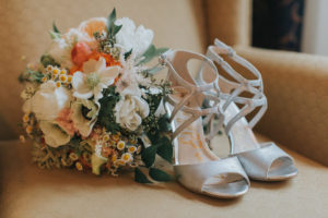 Silver, Strap Open Toe Wedding Shoes and Ivory, Orange, and Peach Bridal Wedding Bouquet of Flowers