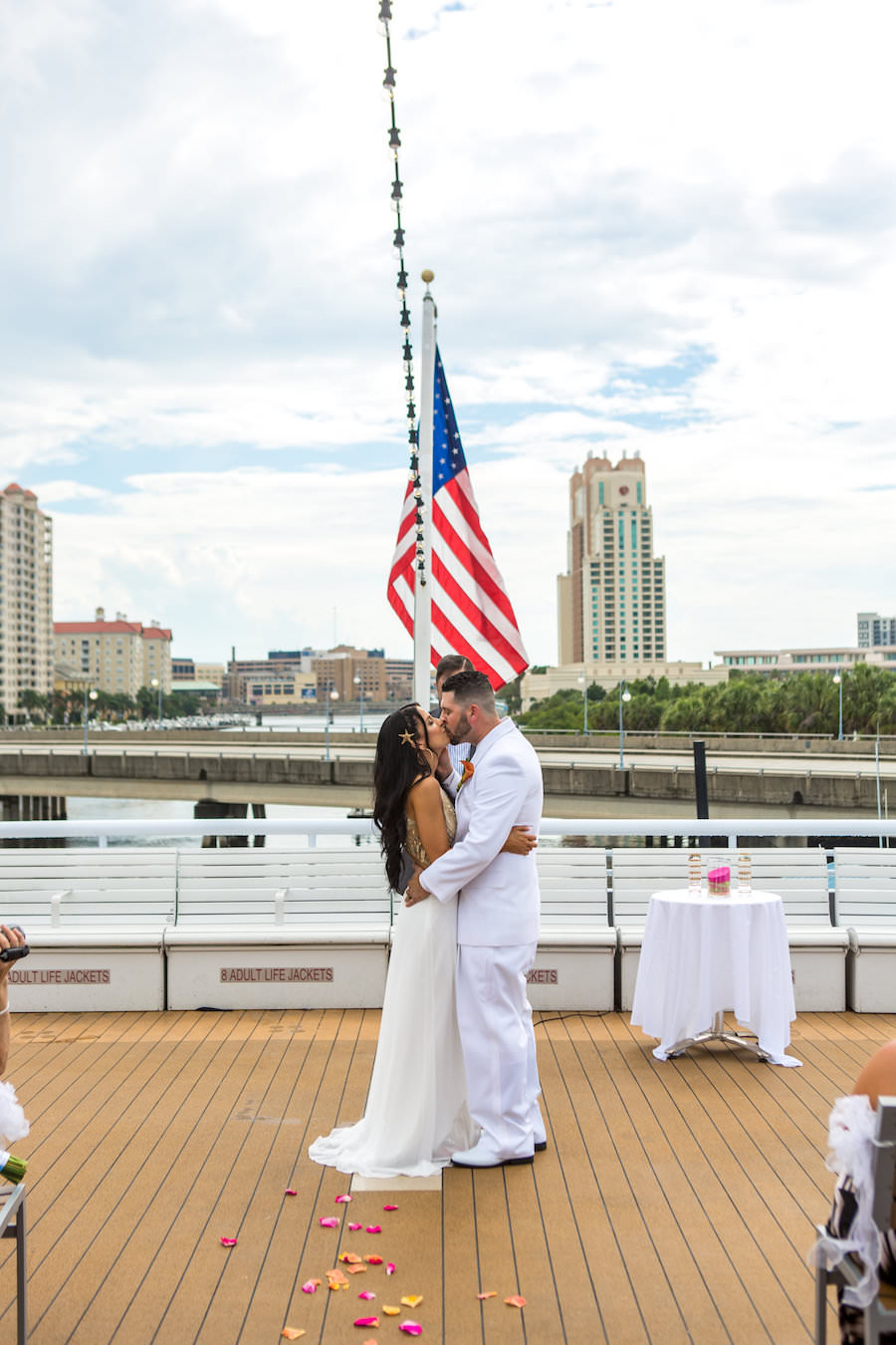 Waterfront Wedding Ceremony First Kiss | Downtown Tampa Wedding Venue Yacht StarShip