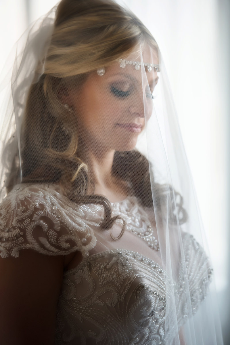 Bride Wedding Day Portrait | Vintage Hair and Makeup Inspiration | Brides by Demetrios Wedding Dress with Tulle