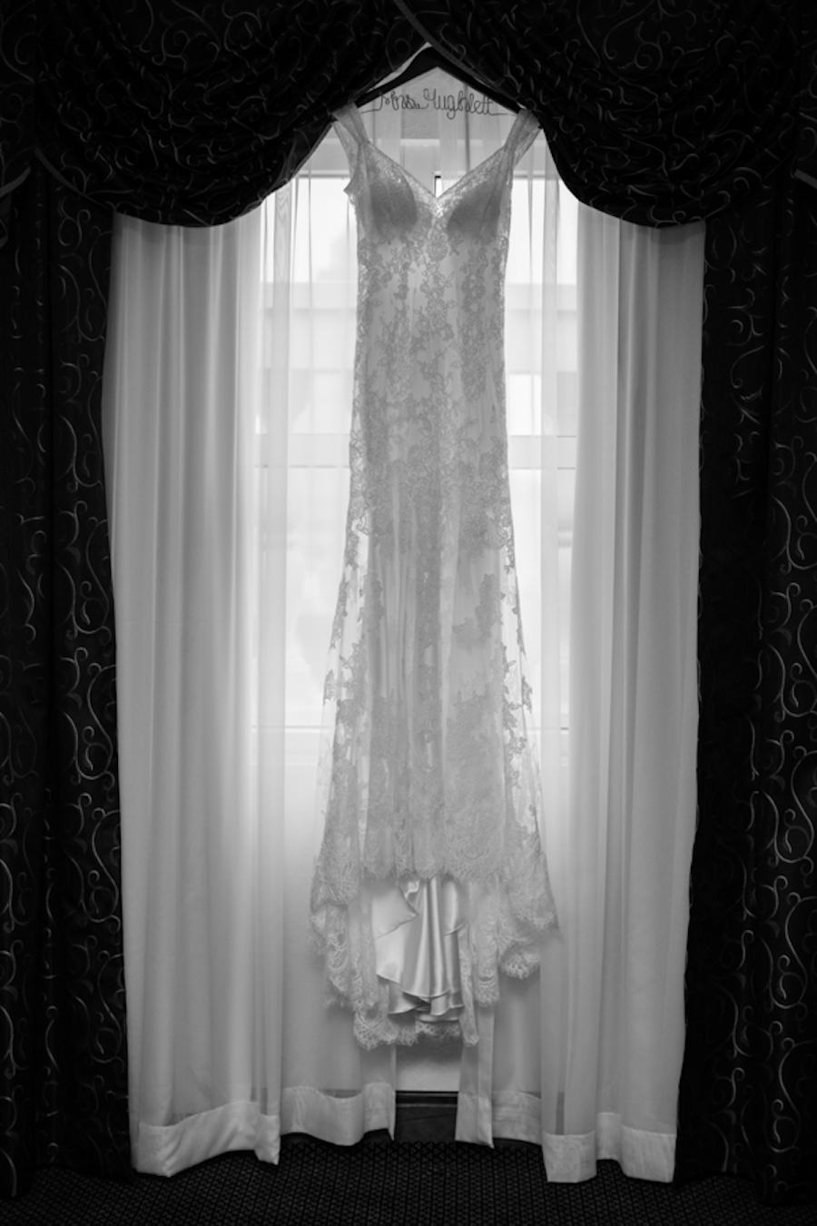 Ivory, Lace, Allure Bridal Wedding Dress on Customized Hanger with Groom's Last Name
