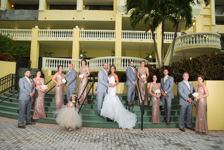 Outdoor St. Petersburg Bridal Party Wedding Portrait | Rose Gold Sequin Badgley Mischka Bridesmaids Dresses and White, Kitty Chen Couture Mermaid Wedding Dress with Ruffled Skirt | St. Petersburg Wedding Photographer Castorina Photography