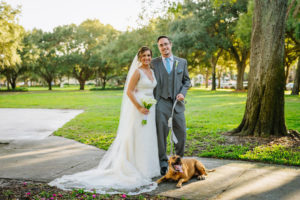 Bride and Groom Wedding Portrait with Dog at St. Pete Wedding Venue St. Pete Museum of Fine Arts | Tampa Wedding Day Pet Care by FairyTail Pet Care
