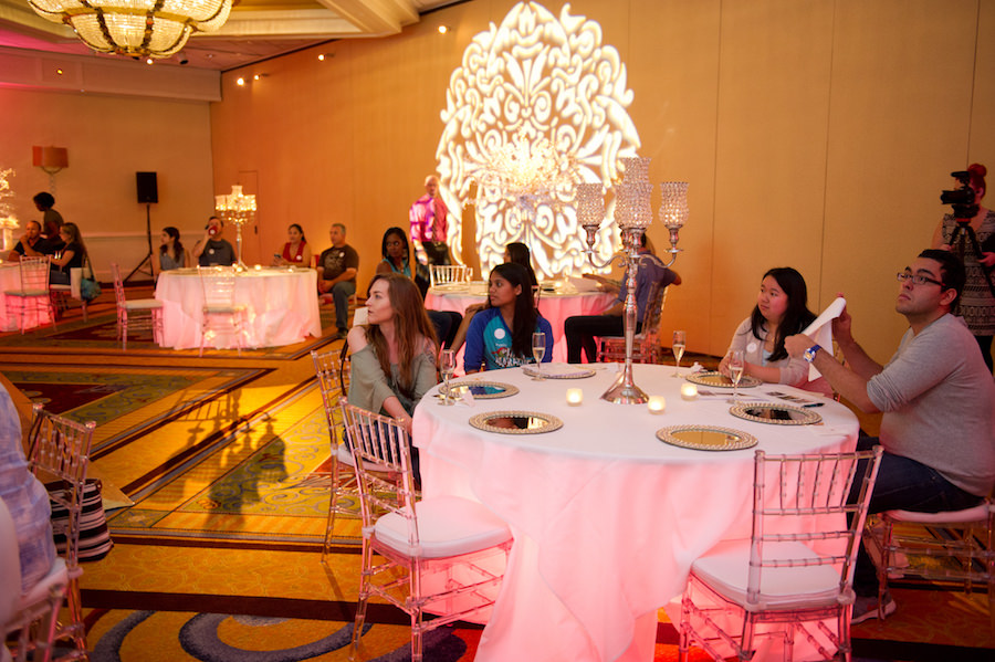 Candelabra Wedding Centerpiece by A Chair Affair | Uplighting and Projection GOBO by Nature Coast Entertainment Services | Wedding Venue Tampa Airport Marriott | Andi Diamond Photography