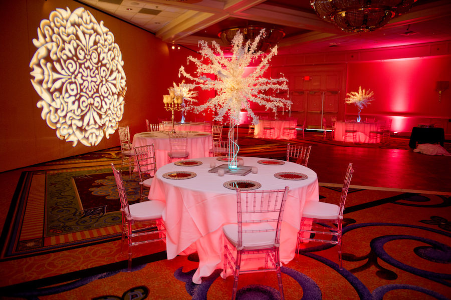 Non-Flower Wedding Centerpiece by A Chair Affair | Uplighting and Projection GOBO by Nature Coast Entertainment Services | Wedding Venue Tampa Airport Marriott | Andi Diamond Photography