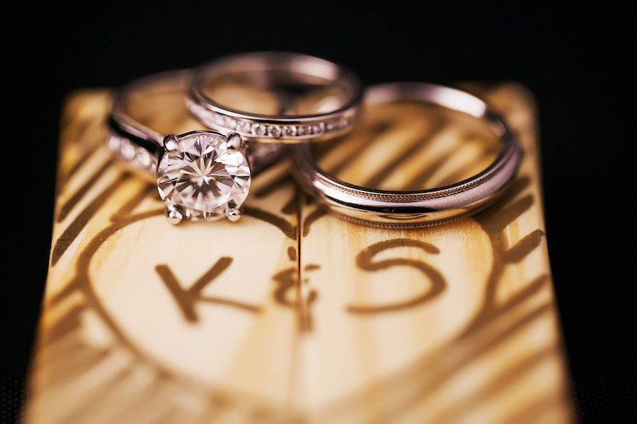 Bride and Groom Wedding Band and Engagement Ring Detail on Wooden Box with initials | St. Petersburg Wedding Photographer Limelight Photography