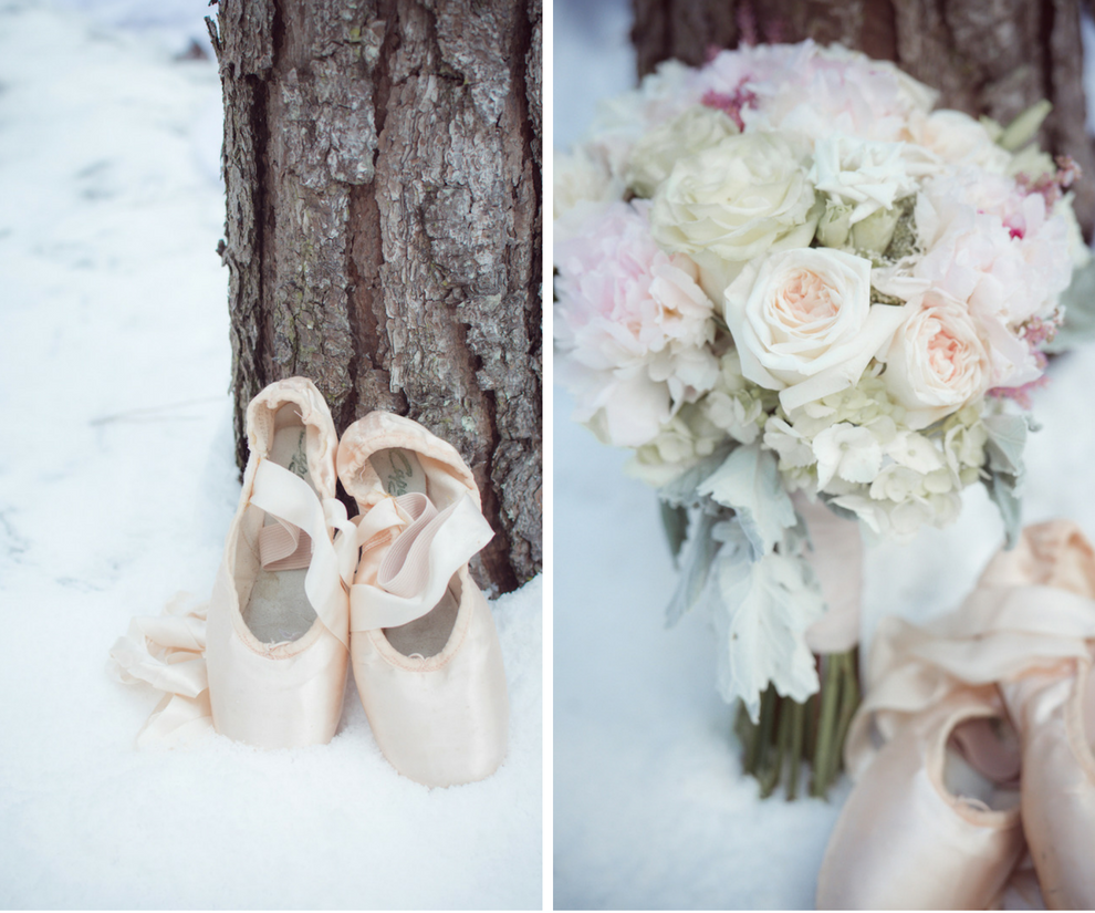 Nutcracker Ballet Styled Wedding Shoot | Blush Pink Ballet Pointe Shoes with Wintry Ivory Blush and Pink Wedding Bouquet
