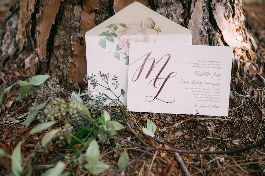 Bohemian Chic Wedding Invitation Suite with Flower Envelope Liner and Monogram Detail
