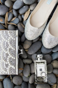 Bridal Champagne Closed Toed Wedding Shoes with Sparkle Accent | Crystal and Pearl Wedding Clutch with Bridal Wedding Day Perfume and Engagement Ring