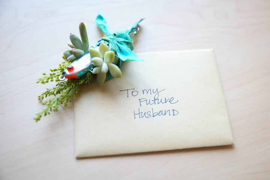 Succulent and Fishing Lure Groomsmen Boutonnière with Note from Bride on Wedding Day