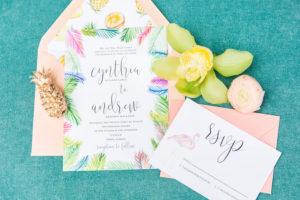 Tropical, Lilly Pulitzer, Palm Tree, Citrus and Flamingo Tropical Inspired Wedding Invitation Suite | Tampa Wedding Letterpress Custom Designs by A&P Designs