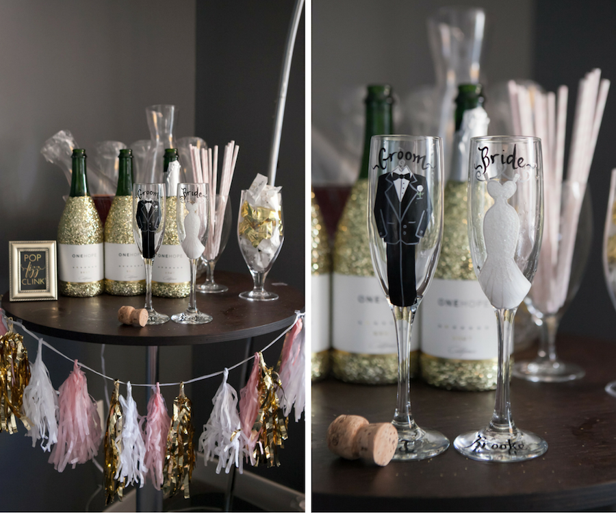 Custom Bridesmaids Getting Ready Champagne Bar with Personalized Bride and Groom Flutes s