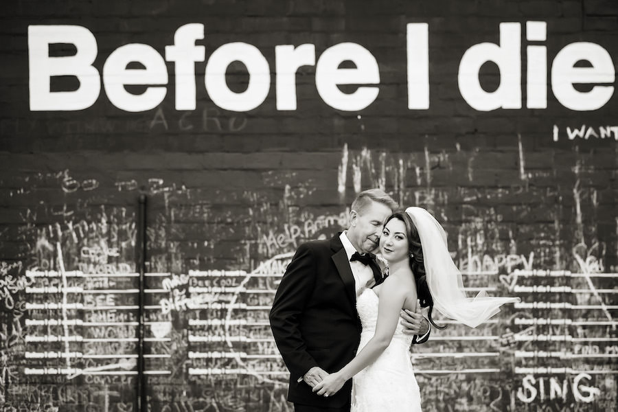 Outdoor, Bride and Groom Wedding Portrait in front of " Before I Die" Chalkboard Mural | St. Petersburg Wedding Photographer Limelight Photography