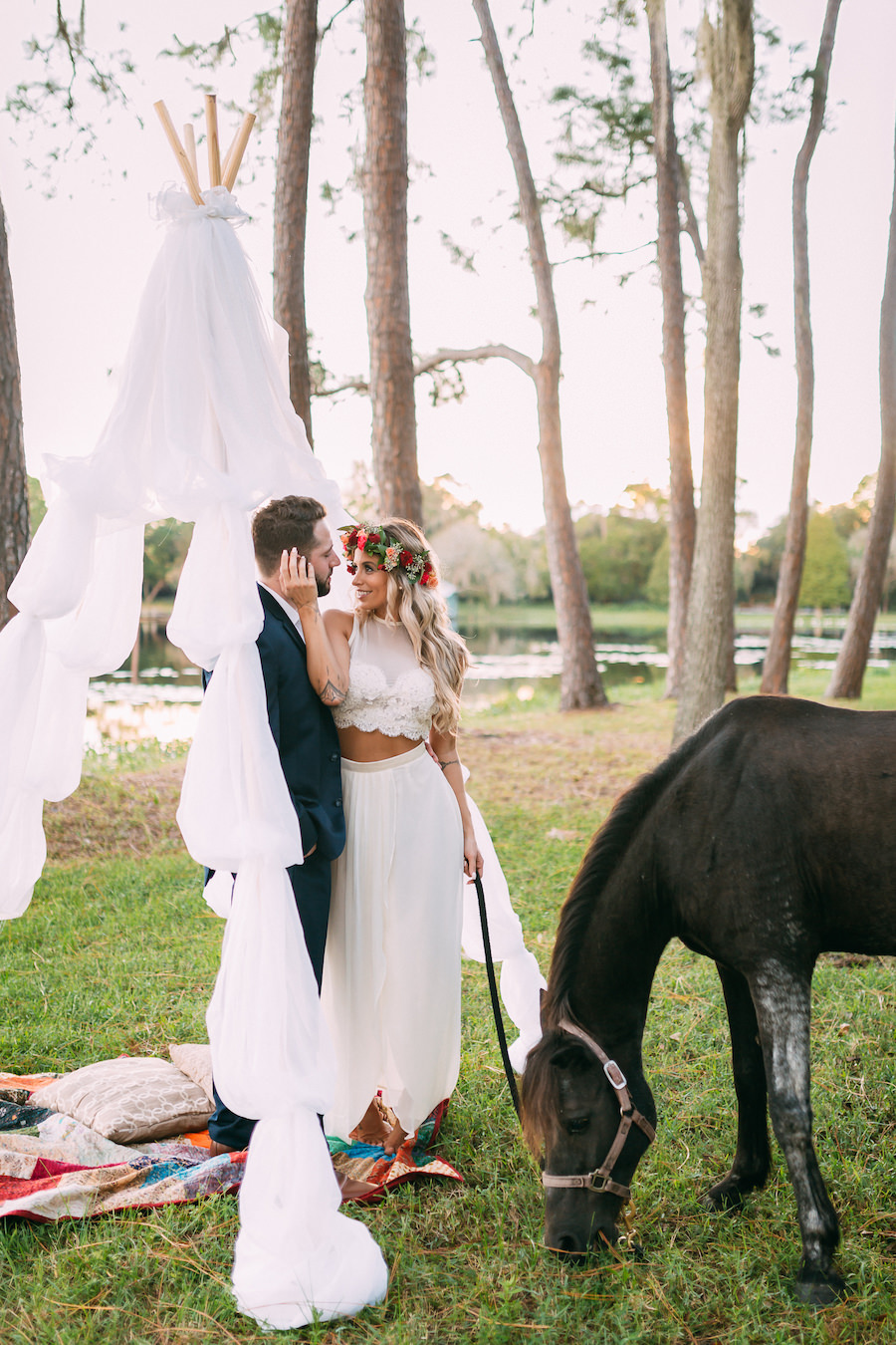 Boho Chic Wedding Portrait with Flower Crown and Horse Rustic Tampa Bay Wedding Venue The Barn at Crescent Lake at Old McMicky's Farm