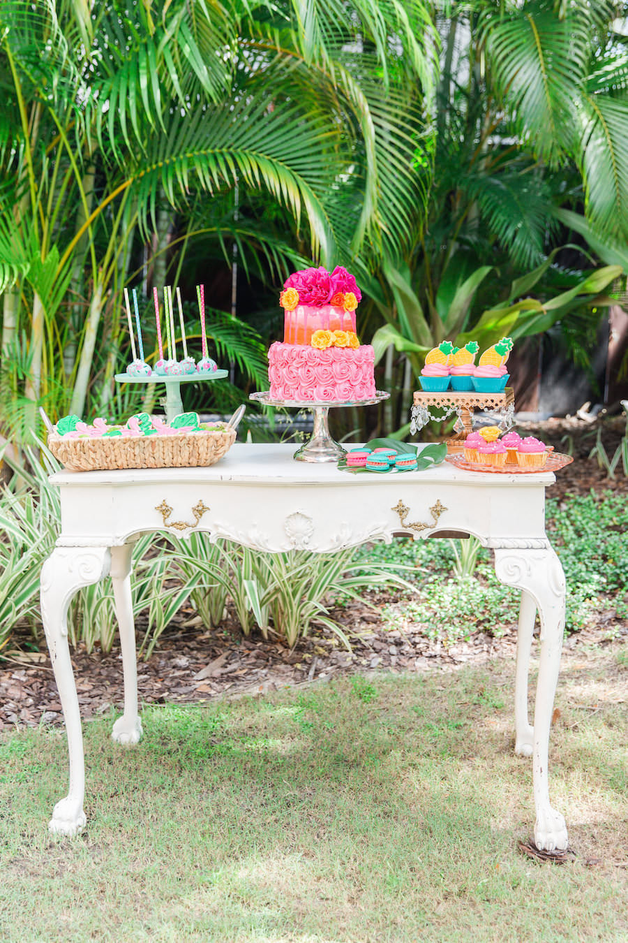 Tropical Lilly Pulitzer Inspired Wedding Dessert Table with Pineapples and Flamingos | Sweetly Dipped Confections Tampa Bay Cake Pops
