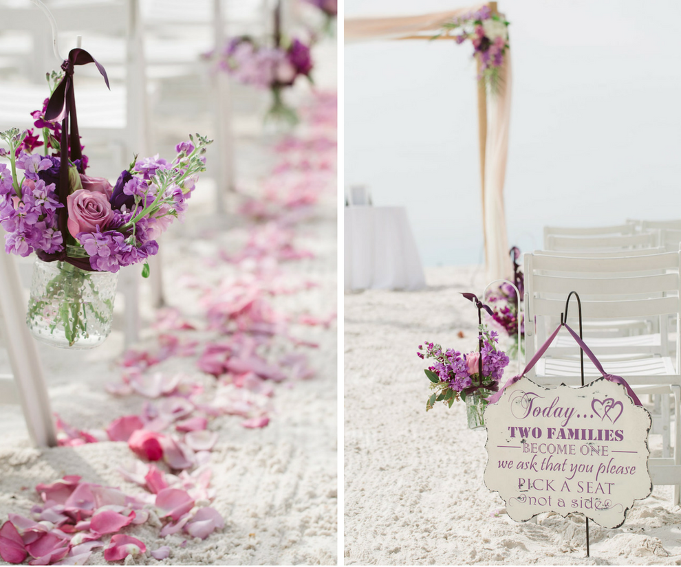 Purple Wedding Aisle Ceremony Decor with Wood Family Sign | Clearwater Beach Wedding Florist Iza's Flowers | Beach Wedding Ideas and Inspiration