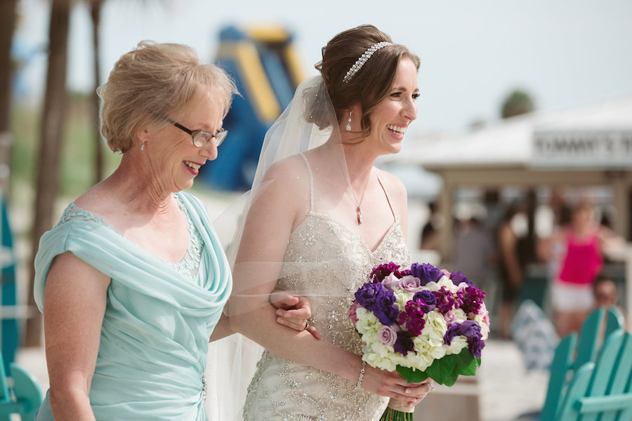 Bride and Mother Walking Down Ceremony Aisle with Purple, Lilac and White Wedding Bouquet | | Clearwater Beach Wedding Florist Iza's Flowers