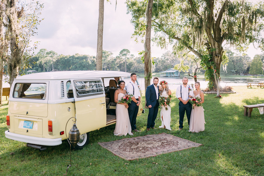 Bohemian Chic Vintage Inspired Outdoor Wedding Party Portrait with VW Van at The Barn at Crescent Lake