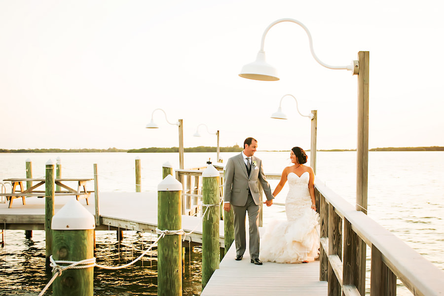 Waterfront Bride and Groom Wedding Portrait on Pier | St. Petersburg Wedding Venue Tampa Bay Watch | Photographer Limelight Photography