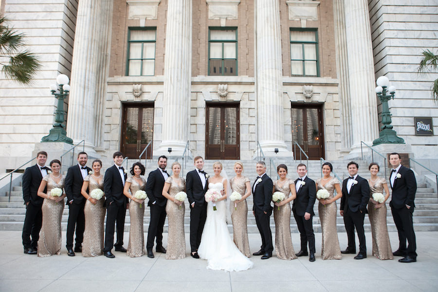Bridal Party Wedding Portrait with Gold Badgley Mischka Bridesmaids Dresses and Ivory, Cap Sleeve Wedding Dress | Downtown Tampa Wedding Photographer Carrie Wildes Photography
