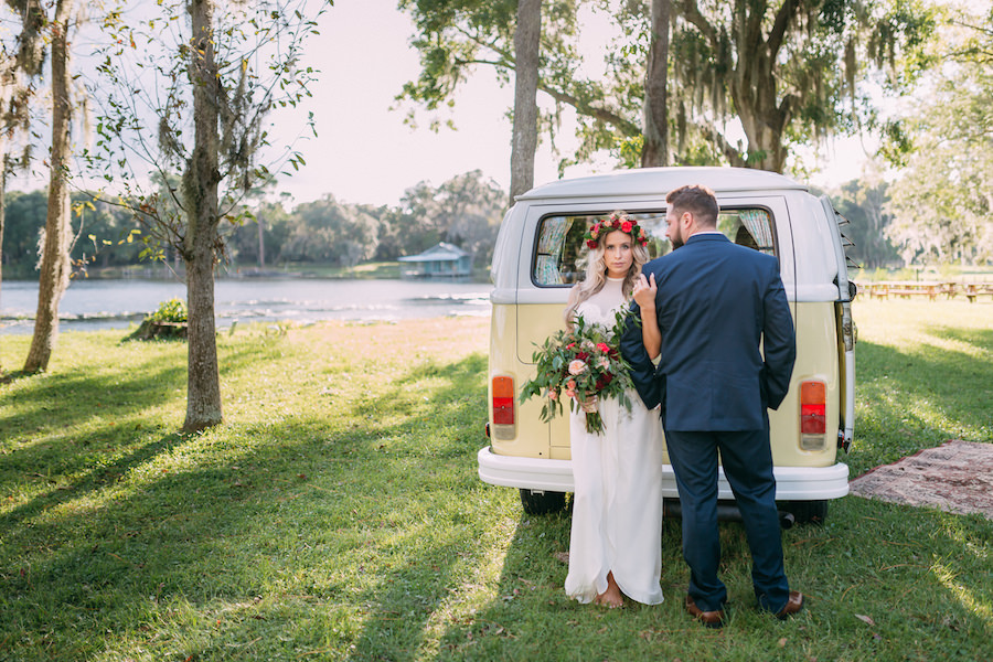 Bohemian Chic Vintage Inspired Outdoor Wedding Portrait of Bride and Groom with VW Van at The Barn at Crescent Lake