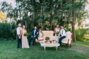 Outdoor Tampa Bridal Party Wedding Portrait with Vintage Furniture Rentals from Tampa Wedding Rental Company Ever After Vintage Weddings