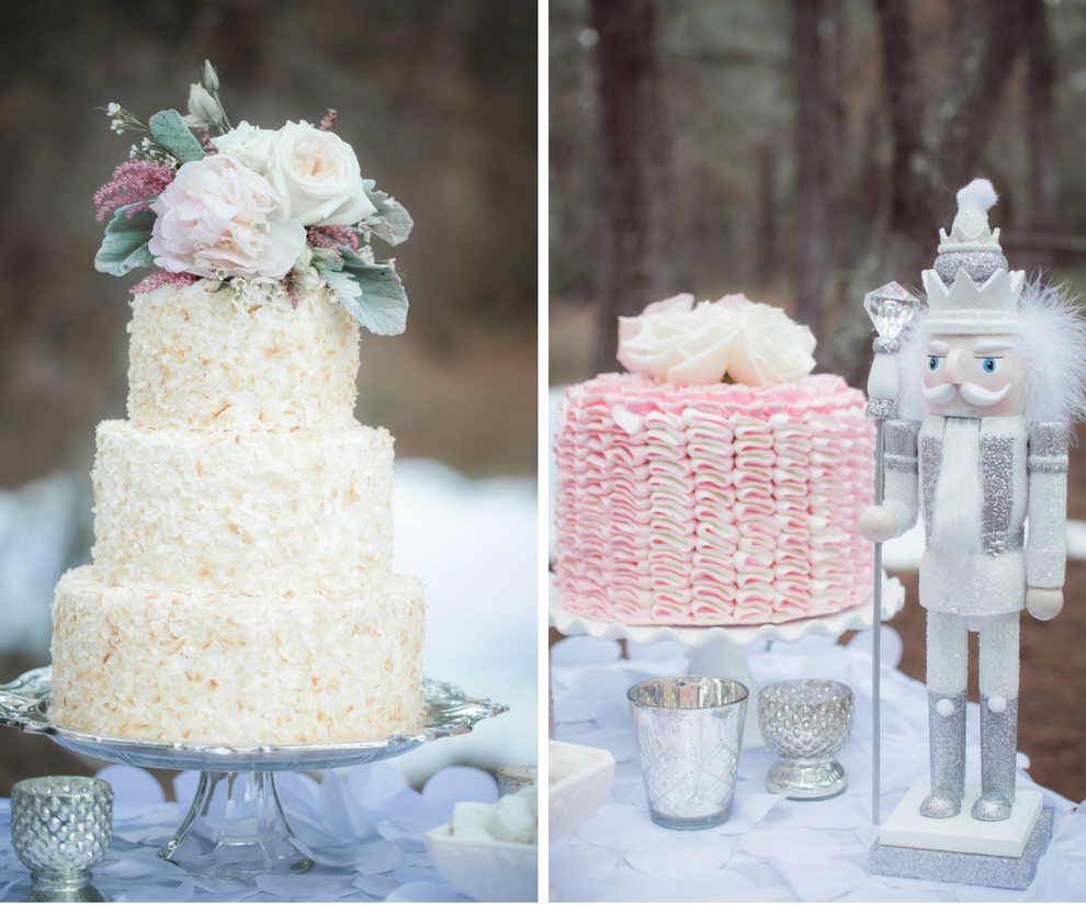 Nutcracker Ballet Styled Wedding Shoot | Winter Inspired Outdoor Wedding Reception Cake Table with Custom Ivory Linens and Blush and Ivory Floral Accents with Three Tiered Round Wedding Cake with Floral Cake Topper and Blush Pink Single Round Cake with Fresh Rose Florals