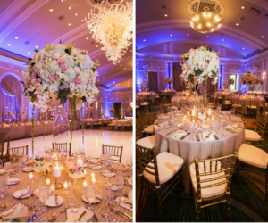Luxurius Ballroom Wedding Reception with Tall Blush, Gold and Ivory Centerpieces and Décor at Downtown St Pete Wedding Venue Vinoy Renaissance Sunset Ballroom | Gold Chiavari Chair Rentals by A Chair Affair | Tampa Wedding Photographer Limelight Photography