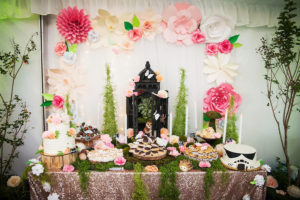 Wedding Reception Floral Decorated Dessert Table Whimsical, Hanging Wedding Decor at Garden Wedding Reception | Mid-Summer's Night Dream Wedding Inspiration | Tampa Wedding Venue DoubleTree Suites by Hilton