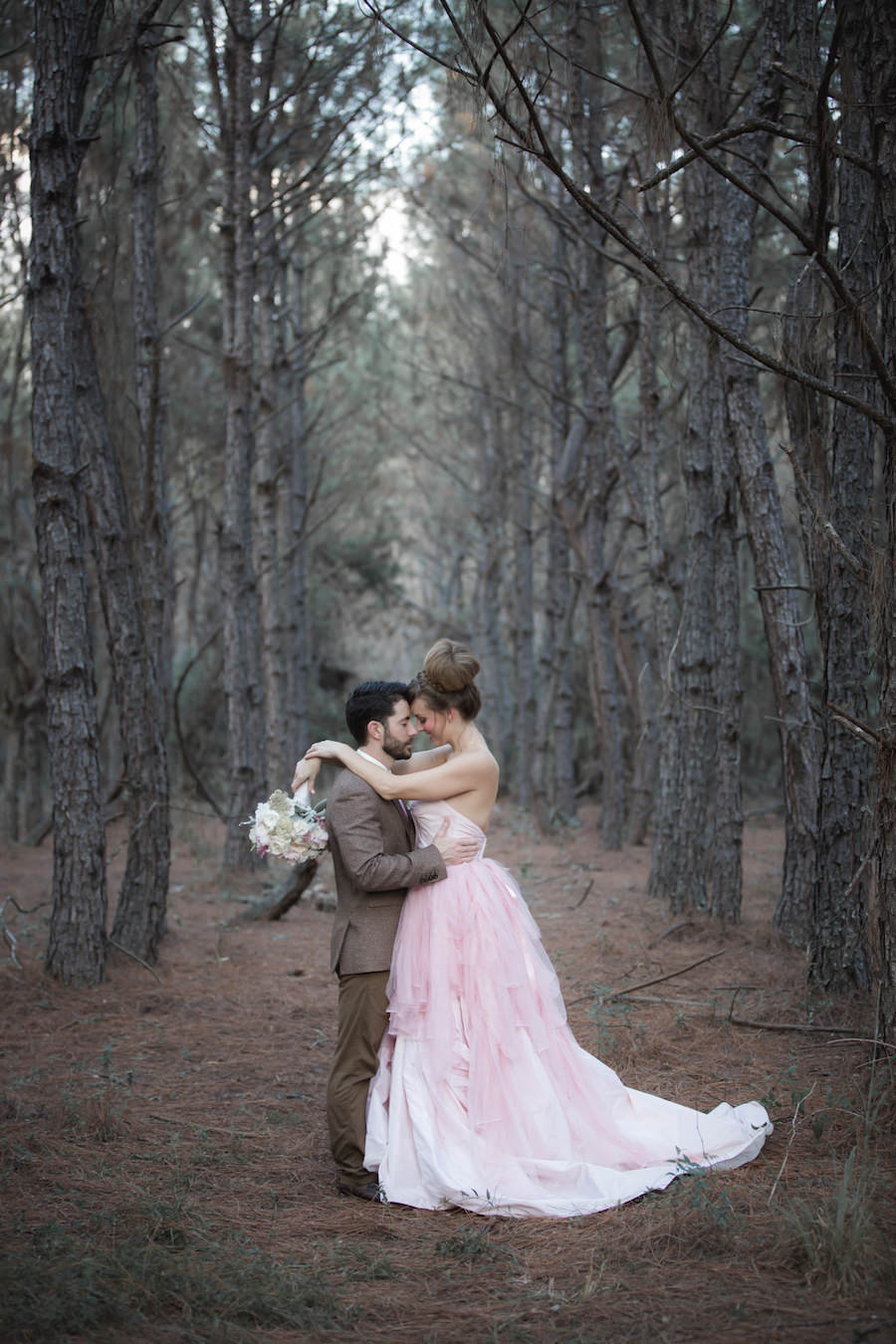 Rustic Elegant Outdoor Florida Wedding Portrait of Bride and Groom in Blush Pink Wedding Gown