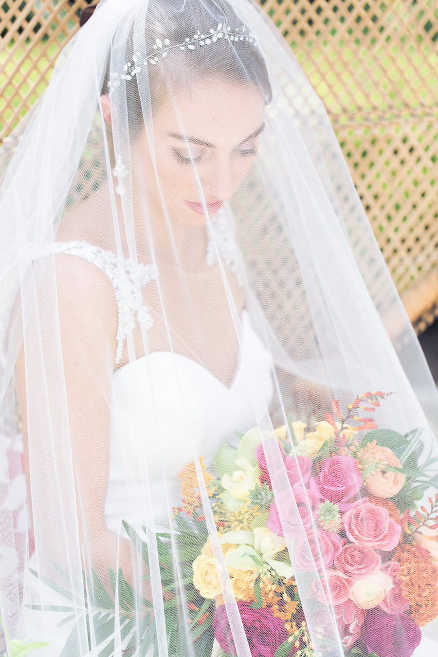 Outdoor Florida Bridal Wedding Portrait |Sweetheart Wedding Dress Portrait with Tropical, Vibrant Pink, Orange and Yellow Wedding Bouquet