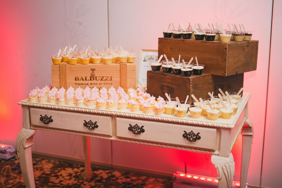 Little Tipsy Cake Wedding Dessert Favors Rum Cake and Mini Cupcakes | Vintage Desk by Reserve Vintage Rentals | Sarasota Wedding Photographer Roohi Photography