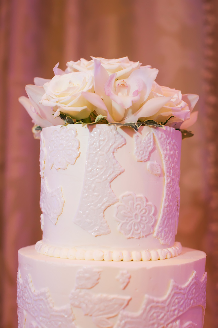 Round White Wedding Cake with Ivory Roses Cake Topper and Lace Sugar Appliqué