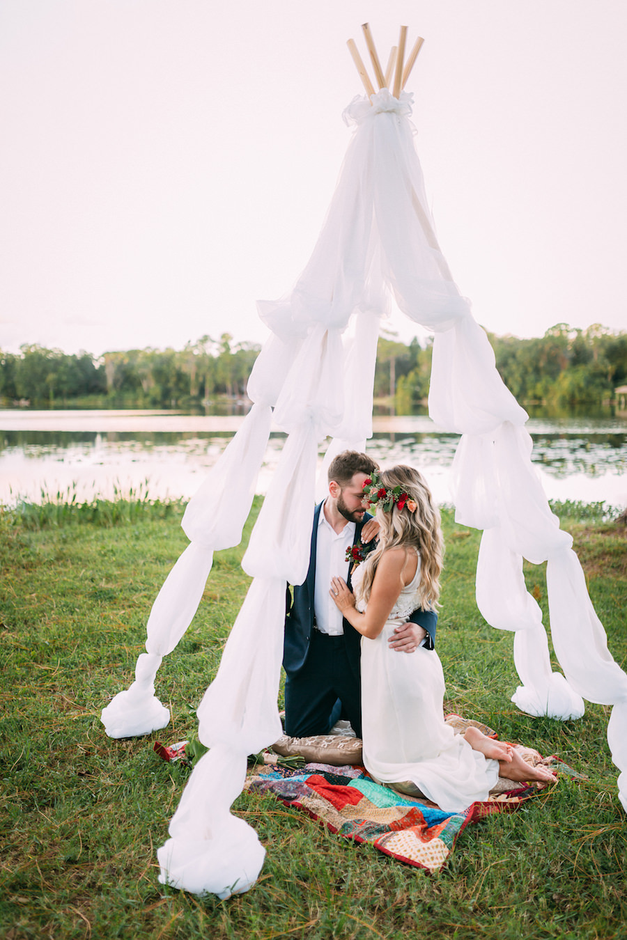 Boho Chic Wedding Portrait with Flower Crown at Rustic Tampa Bay Wedding Venue The Barn at Crescent Lake at Old McMicky's Farm