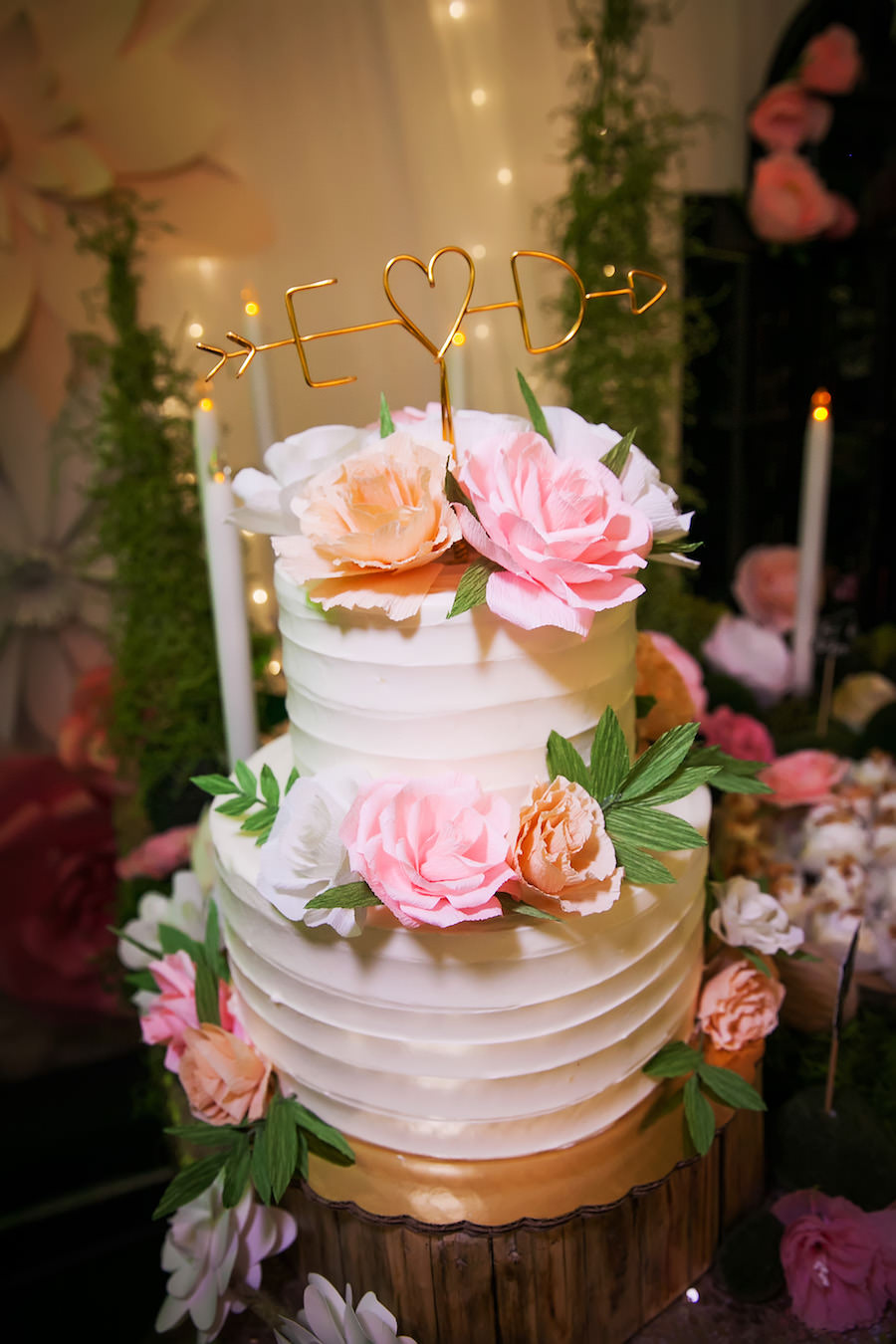 Two Tiered, Round, White Wedding Cake with Pink and Orange Floral Accents