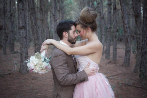 Bride and Groom Outdoor Wedding Portrait with Pine Trees