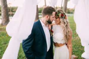Boho Chic Wedding Portrait with Flower Crown at Rustic Tampa Bay Wedding Venue The Barn at Crescent Lake at Old McMicky's Farm
