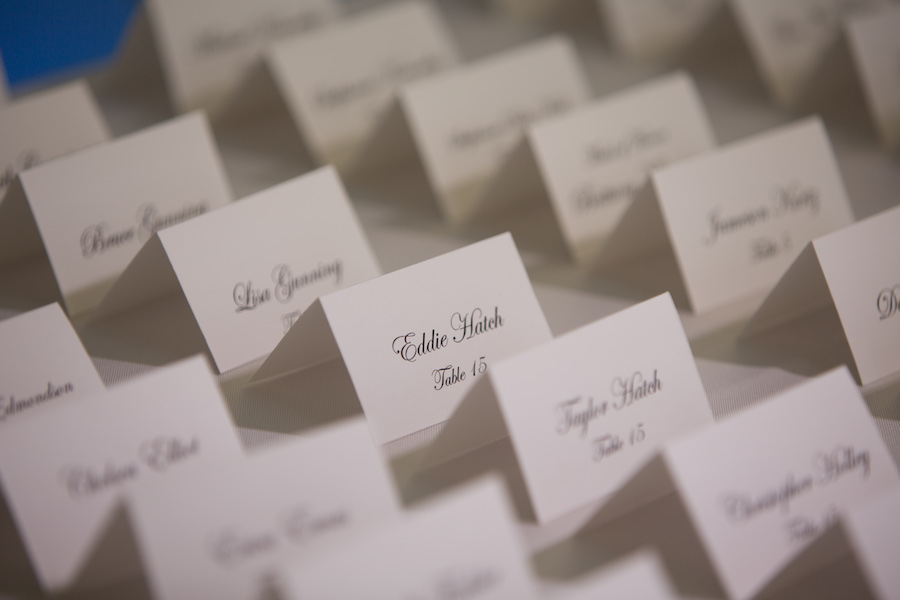 Traditional Wedding Name Escort Place Cards on White Cardstock with Black Calligraphy Text