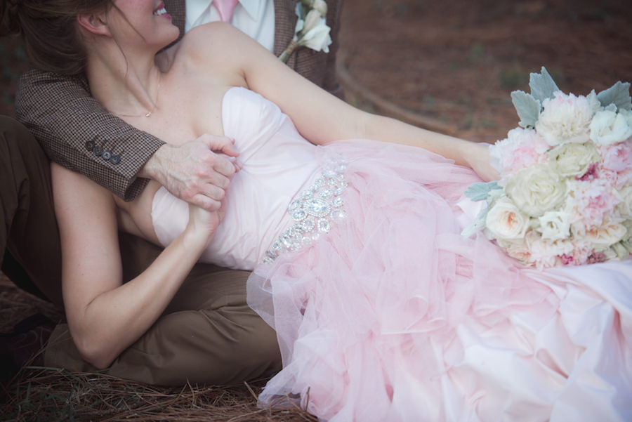 Bride and Groom Outdoor Wedding Portrait | Bride with Blush Pink Wedding Dress with Ivory, Pink and Dusty Green Wedding Bouquet