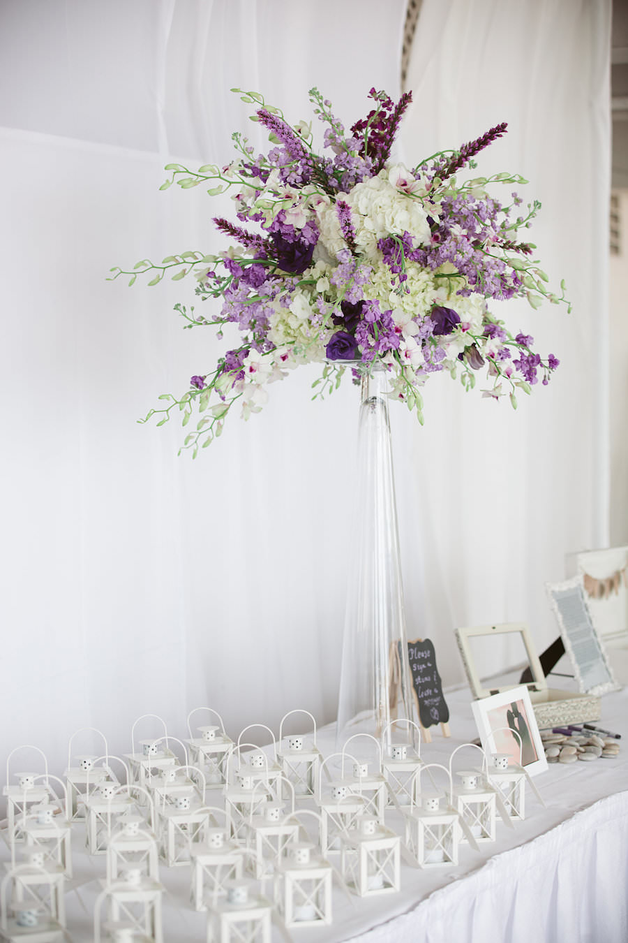 Tall Wedding Reception Decor Centerpieces with Lanterns Purple and White Wedding Flowers | Clearwater Beach Wedding Florist Iza's Flowers | Wedding Venue Hilton Clearwater Beach