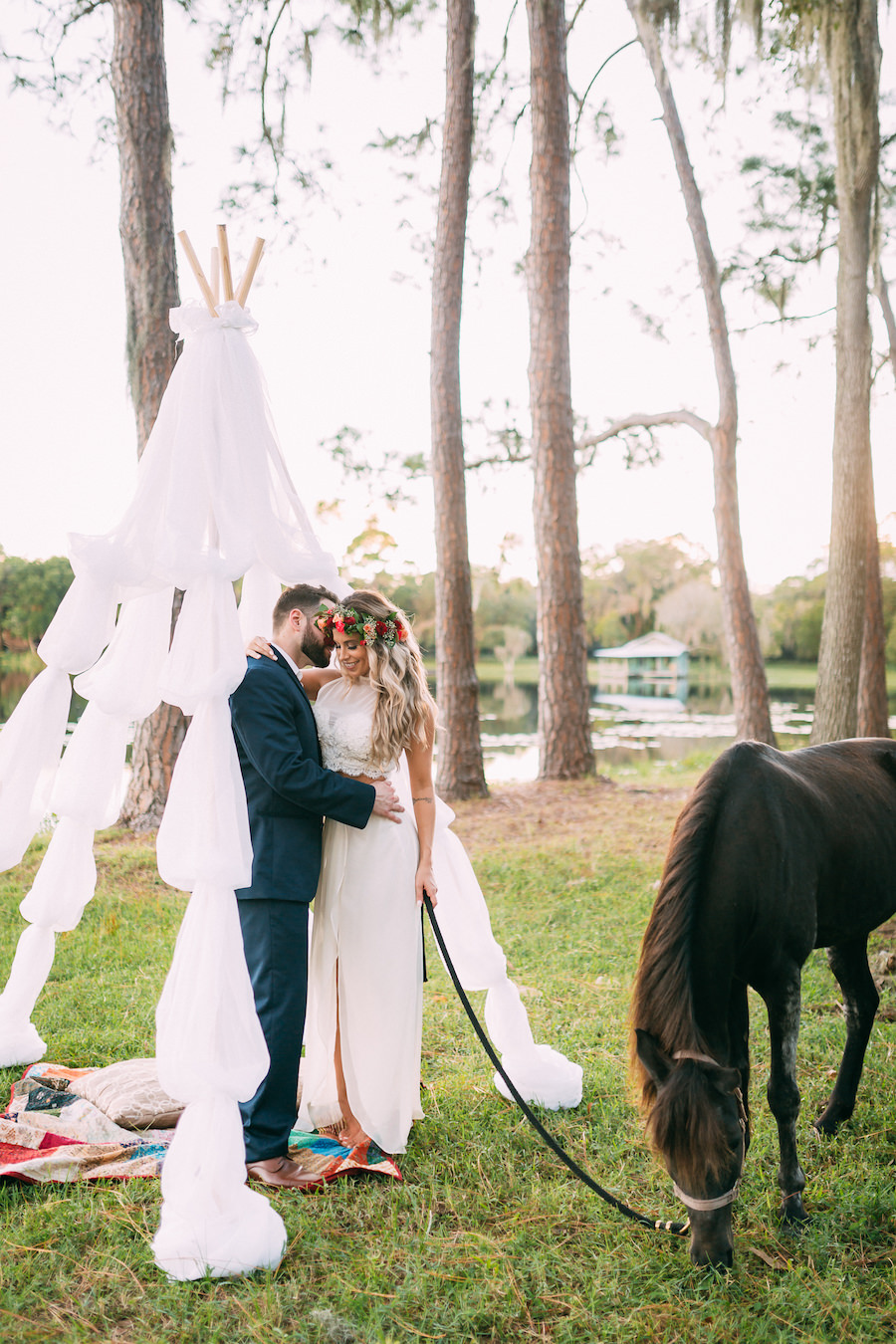 Boho Chic Wedding Portrait with Flower Crown and Horse Rustic Tampa Bay Wedding Venue The Barn at Crescent Lake at Old McMicky's Farm