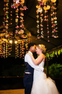 Whimsical, Hanging Floral Wedding Decor at Garden Wedding Reception | Mid-Summer's Night Dream Wedding Inspiration | Bride and Groom, Outdoor, Nighttime Bridal Wedding Portrait | Tampa Wedding Photographer Limelight Photography | Tampa Wedding Venue DoubleTree Suites by Hilton