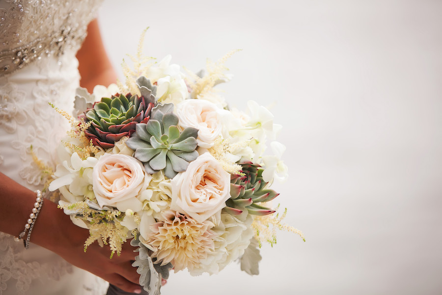 Elegant Bridal Wedding Bouquet with Blush and Ivory Roses and Succulents | St. Petersburg Wedding Photographer Limelight Photography