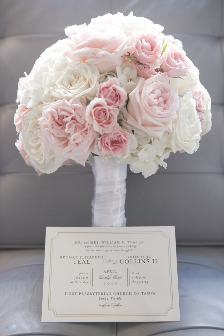 Blush and Ivory Rose and Hydrangea Wedding Bouquet with Elegant, Classic Gold Wedding Invitation | Tampa Wedding Photographer Carrie Wildes Photography