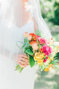 Sweetheart Wedding Dress Portrait with Tropical, Vibrant Pink, Orange and Yellow Wedding Bouquet