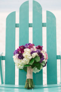 Purple and White Wedding Bouquet in Teal Beach Chair | Clearwater Beach Wedding Florist Iza's Flowers